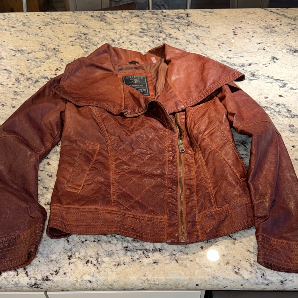 GUESS Women's Rust Brown Faux Leather Moto Jacket
